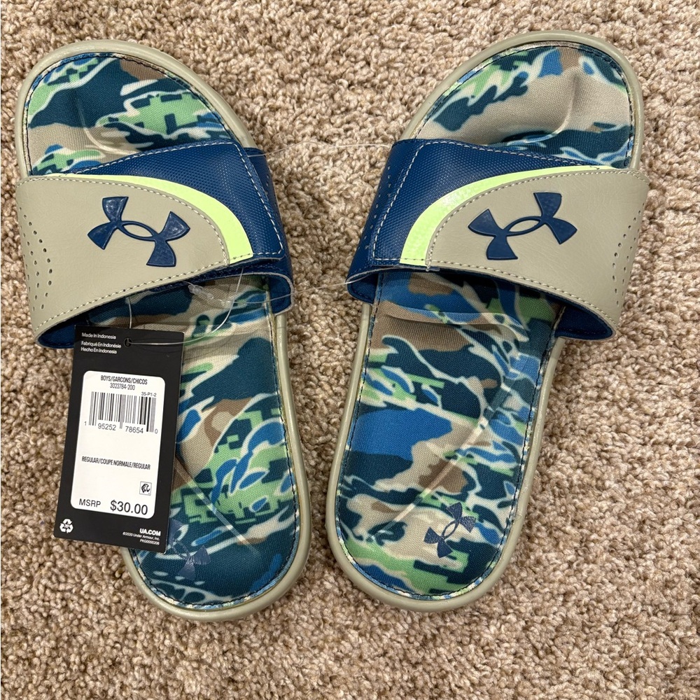 Under Armour Blue and Green Slide Sandals with Vibrant Pattern